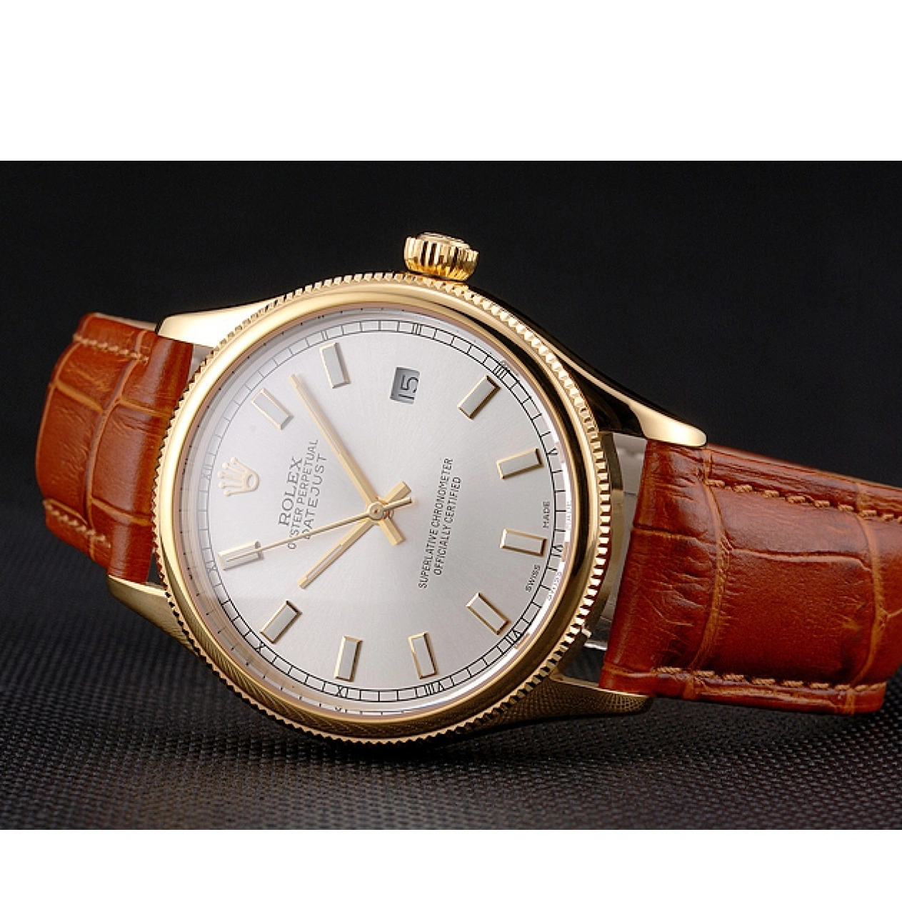 Aaa fake watches Dial Brown Rolex Swiss Strap Gold Case Light Datejust White Leather 0630